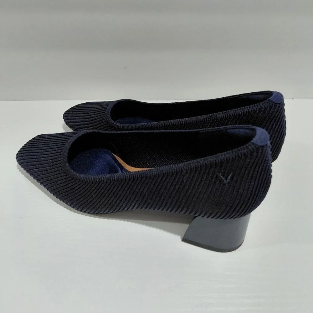 Vivaia Melody 2.0 Navy Blue Ribbed Knit Square Toe Block Heel Pumps Size 39 - Picture 7 of 11